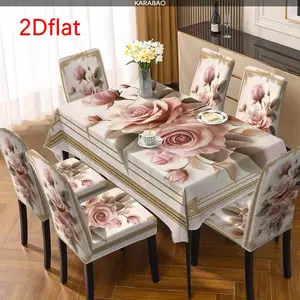 2D flat, 5/7pcs, European Rose Print Chair Cover and Tablecloth Set, 5 or 7 Pieces for Dining Room and Living Room, Easy Care and Reusable Decoration, Dining Chair Slipcover