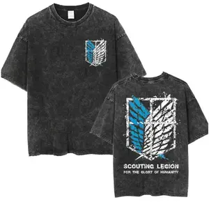 Anime Attack on Titan Vintage Washed Print T-shirt Mikasa Ackerman Eren Jaeger Wings of Freedom Logo Mens Summer Cotton T-shirts