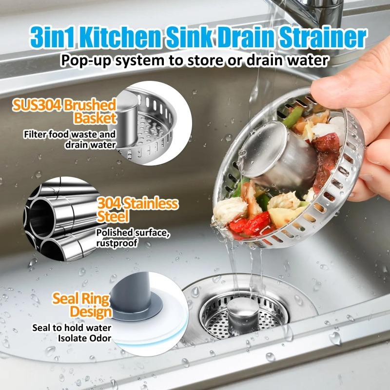 2PACK 3-in-1 Kitchen Sink Drain Strainer Stainless Steel Sink Plug Deodorizing Anti-Clog Basket Strainer for US Standard 3-1/2 Inch Drains 304 Stainless Steel Quality