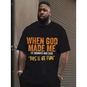 Men's Plus Size Funny Graphic T-Shirt - 3D Printed Crew Neck Short Sleeve Tee with Bold "When God Made Me" Humorous Design, Black & Orange/Yellow Print, Regular Fit Casual Shirt for Spring Summer Daily Wear, Everyday Comfort, Sporty Style Top, Cotton Top