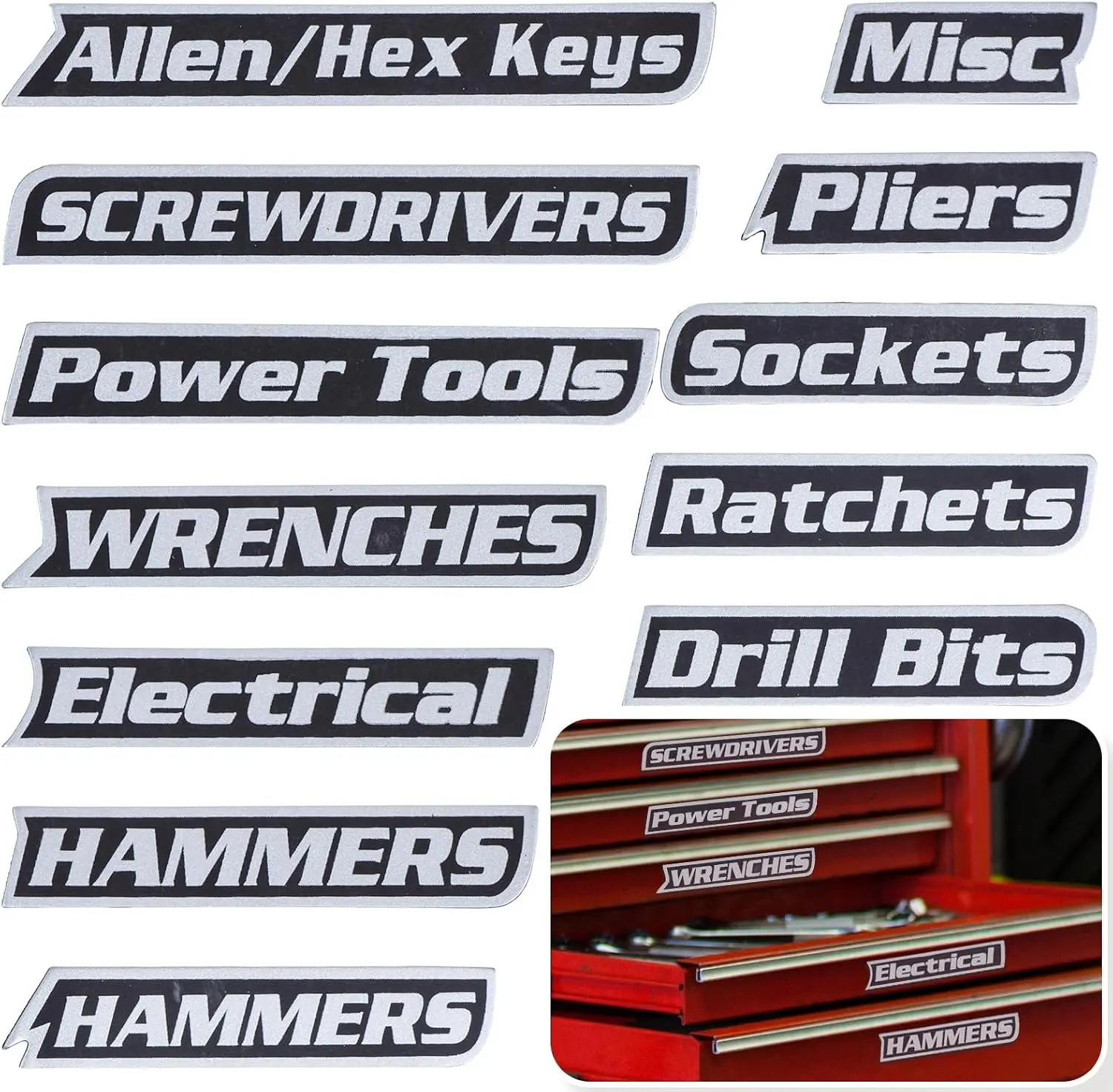 Magnetic Tool Box Labels-Strong Magnets，12 Pack of Reusable Multipurpose Tags for Steel Tool Boxes, Drawers,and Cabinets(Black)