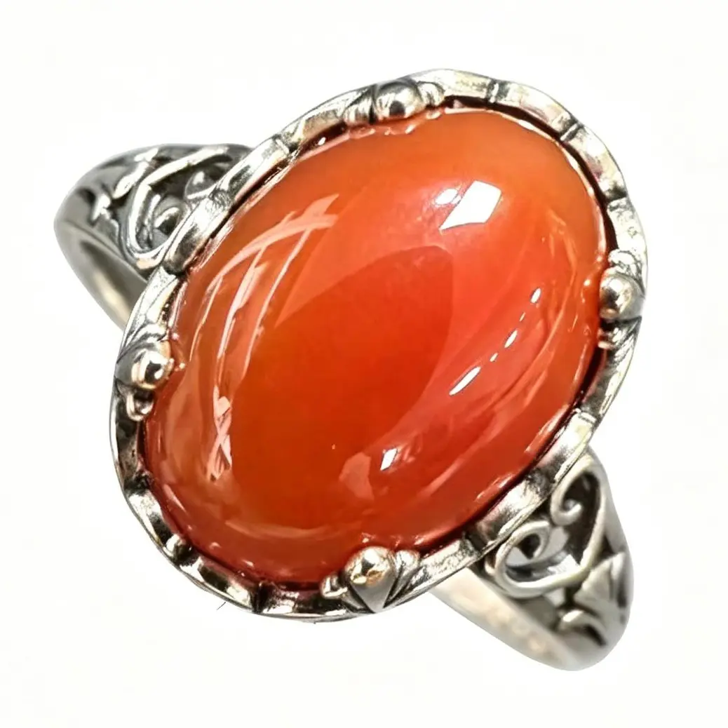 925 Sterling Silver Vintage Openwork Filigree Hollow Scroll Ring, Oval Cabochon Natural Carnelian, Adjustable Band, for Party Wear