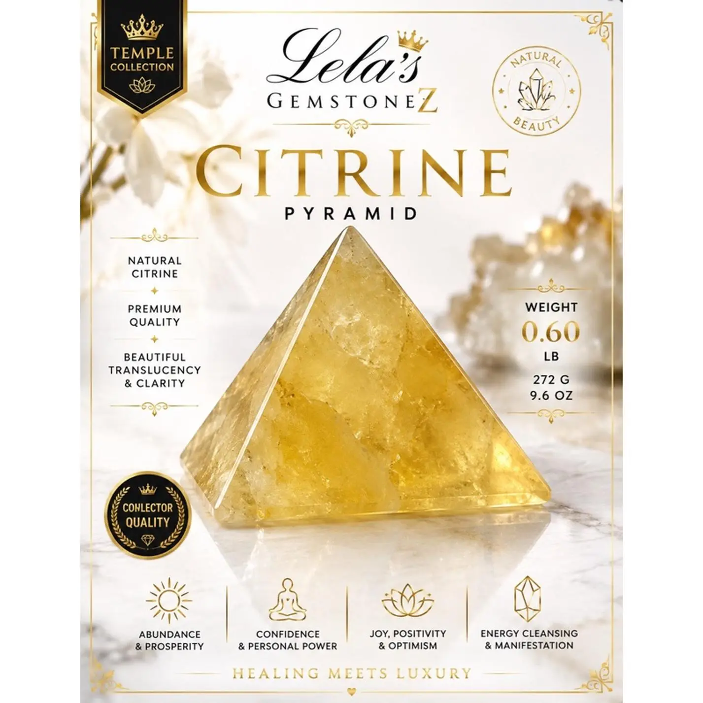 Lela's GemstoneZ Solar Ascension Citrine Pyramid Imperial Natural Citrine 0.60 lb 272 g Collector Quality Display Piece for Crystal Collection Home high end