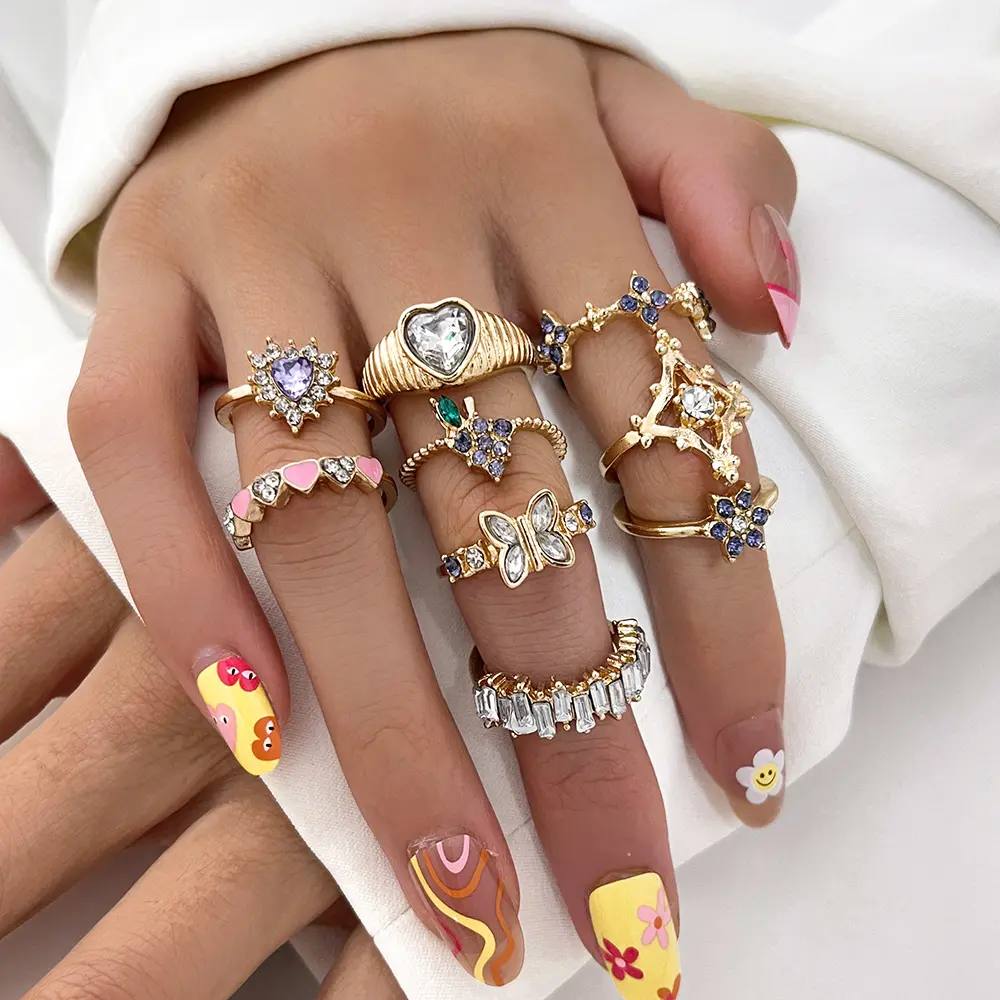 Fashionable Pink Heart Butterfly Purple Diamond Grape Flower Geometric Open Ring Nine Piece Set Trendy Personalized Women Jewelry