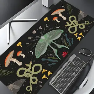 Whimsical Nature Mouse Pad Mushroom,Moth & Snake Design Large Gaming Mat Large Gaming Mouse Pad, Stylish Desk Décor, Rubber Non-Slip Edge, Multi-Size Options for Laptops & Desktops