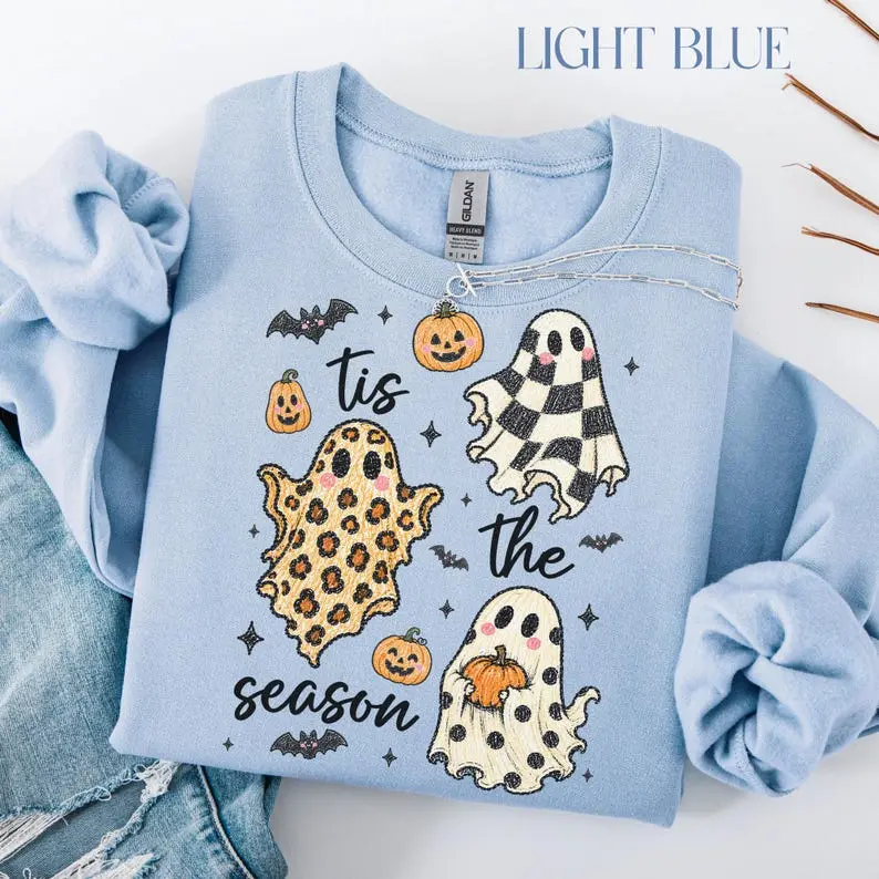 Tis The Season Fall Sweatshirt, Pumpkin Lover Gift, Retro Ghost Sweater, Women's Halloween Crewneck