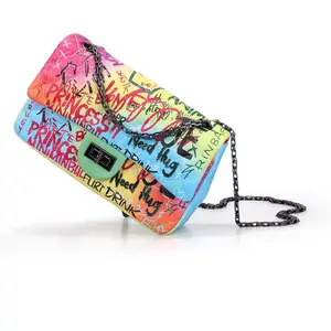Durable Multi-Color Rainbow Graffiti Leather Purse for Carrying Your Essentials with Personality Theme cartoonprint crossbodybag