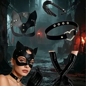 5-Piece Punk Party PU Leather Costume Set, Includes Eye Mask, Whip, Heart Neckline, 55cm Leather Gloves, Perfect for Stage Performances