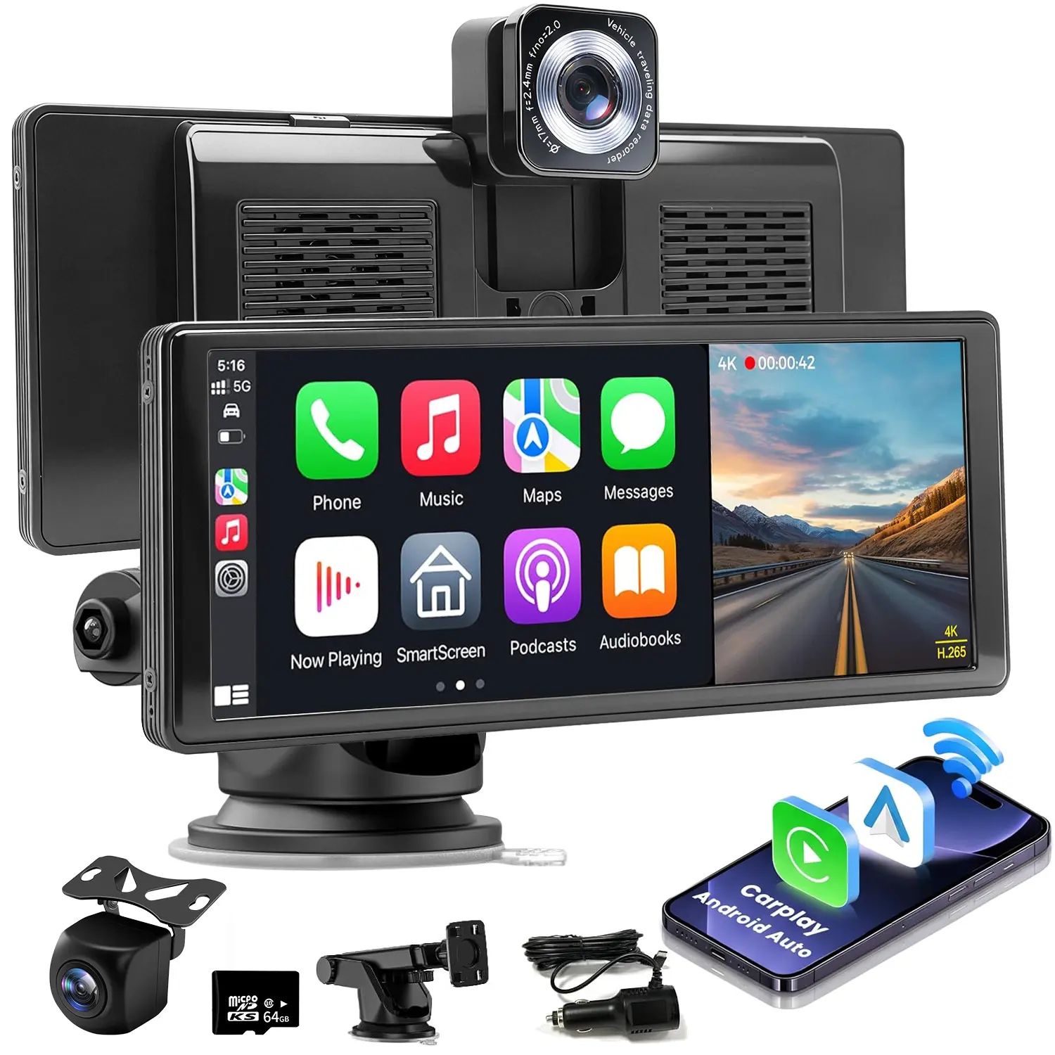 10.26 inch Portable Wireless Apple CarPlay Smart Screen, 2K Dash Cam with Backup Camera, Plug and Play  Auto Car Streaming Video Touch
