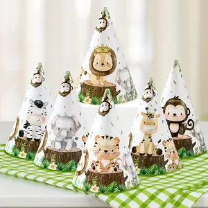 6 Pack Jungle Safari Animal Birthday Party Hats - Cute Cartoon Elephant Lion Monkey Giraffe Hippo Leopard Paper Hats - Green Leaf Tropical Theme Forest Animal Party Supplies - High Quality Cone Hats for Celebration 6 Pcs