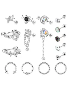 16 Pcs Glistening Silvery Cartilage Piercing Studs Collection for Women Men Sturdy 316 Stainless Steel for Universal Unisex Fit Suitable for Tragus Front Helix Rook Daith Conch Multi Cartilage Positions Fine Workmanship Bright Luxurious Surface Texture