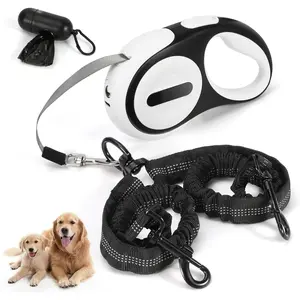 Double Retractable Dog Leash for 2 Large Dogs (Up to 143 Lbs Each), 2 Headed Pet Leash with Poop Bags and Rechargeable LED Light - Tangle-Free Swivel - One Button Break & Lock (White, Large)