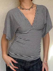 Striped V-Neck Batwing Sleeve Y2K Tee, Spring Summer Vintage Casual Street Fashion Backless Crop Top for Women