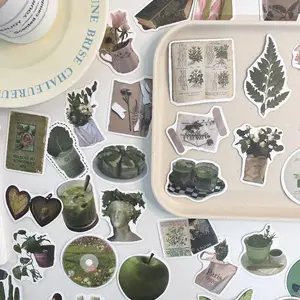 Olive Green Pattern Sticker, 62pcs/set Waterproof Self Adhesive Decor Paper, Decor Sticker for Gift Greeting Card Water Bottle Laptop Phone