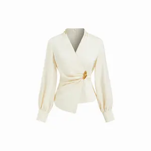 Cider Satin V-neck Long Sleeve Wrap Ruched Metal Detail Blouse