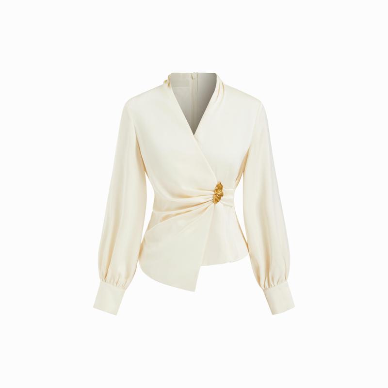 Cider Satin V-neck Long Sleeve Wrap Ruched Metal Detail Blouse