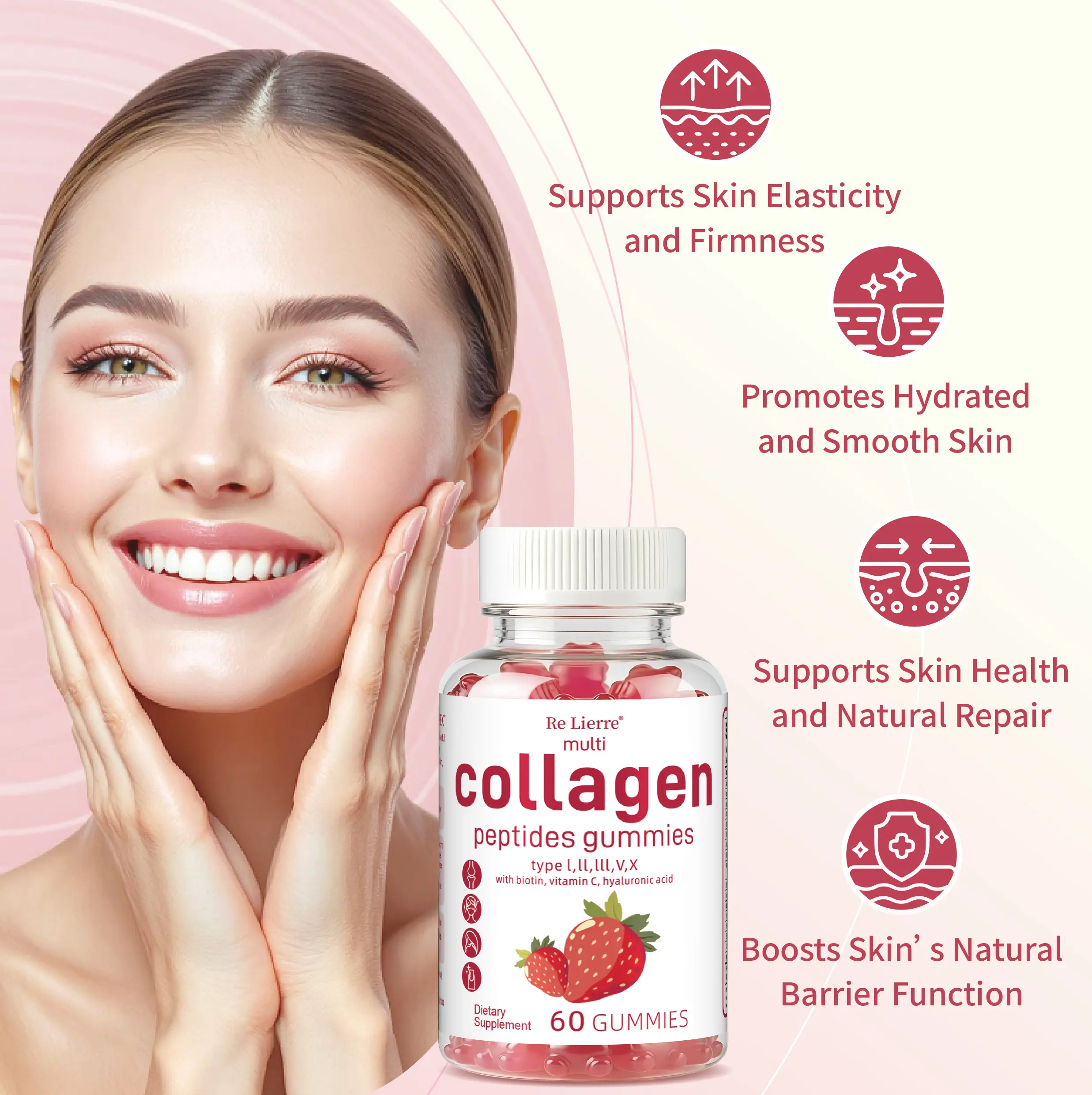 Re Lierre Collagen Peptides Gummies 1500mg Multi-Type I,II,III,V,X Collagen with Biotin 5000mcg, Hyaluronic Acid, Vitamins A C D E B12 B8, Sugar Free Strawberry Flavor Collagen Supplement for Skin Hair Nail Joint Support, 60 Count for Women Men