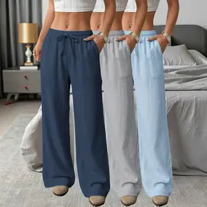 3-pack women’s polyester blend wide-leg pants featuring an elastic drawstring waistband; relaxed fit for comfort, built-in practical pockets, lightweight and breathable fabric—great for home and going out.