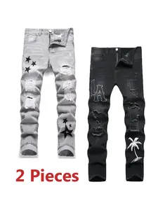 Men's 2 Pieces Slim Fit Casual Jeans, Grey & Black Ripped Street Style Comfy Breathable Denim Pants, Straight Leg Fashion Trouser, Size 28 Jeans