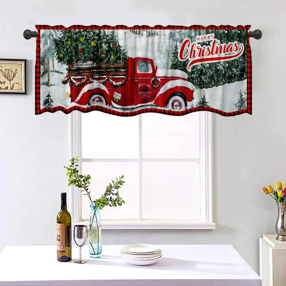 54x18 Inches Merry Christmas Red  Window Valance Winter Forest Snowscape Holiday Home Kitchen Dining Room Decoration Polyester Fabric Supplies