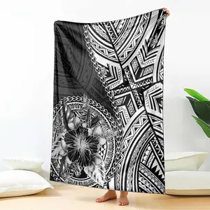 Polynesian Totem Hibiscus Blanket, Vintage Tribal Flannel Nap Cover, Warm Bedspread, Camping Picnic Blanket, Funny Gift Blanket