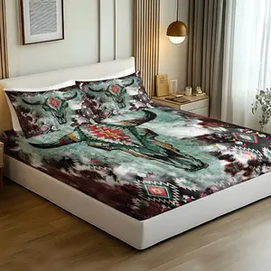 Fitted Sheet 3pcs Set: 1 Fitted Sheet + 2 Pillowcases. Bohemian Southwest Bull Skull Pattern Fitted Sheet Set, Soft & Breathable Bedding. Geometric Aztec Style Decor for Modern Bedrooms, Dorms & Guest Rooms. All-Season Comfort.No Filling.