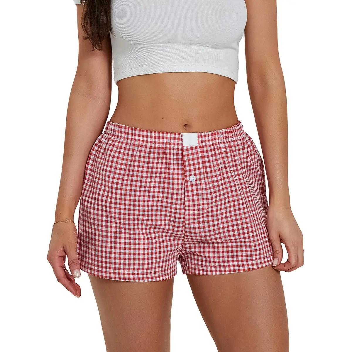 #TikTokShopBacktoSchool Women’s Plaid Print Shorts Elastic Low Waist Button Front Lounge Shorts Boxers Streetwear Fabric Womenswear Bottom Soft Underwear Fabric Womenswear Spring Lady