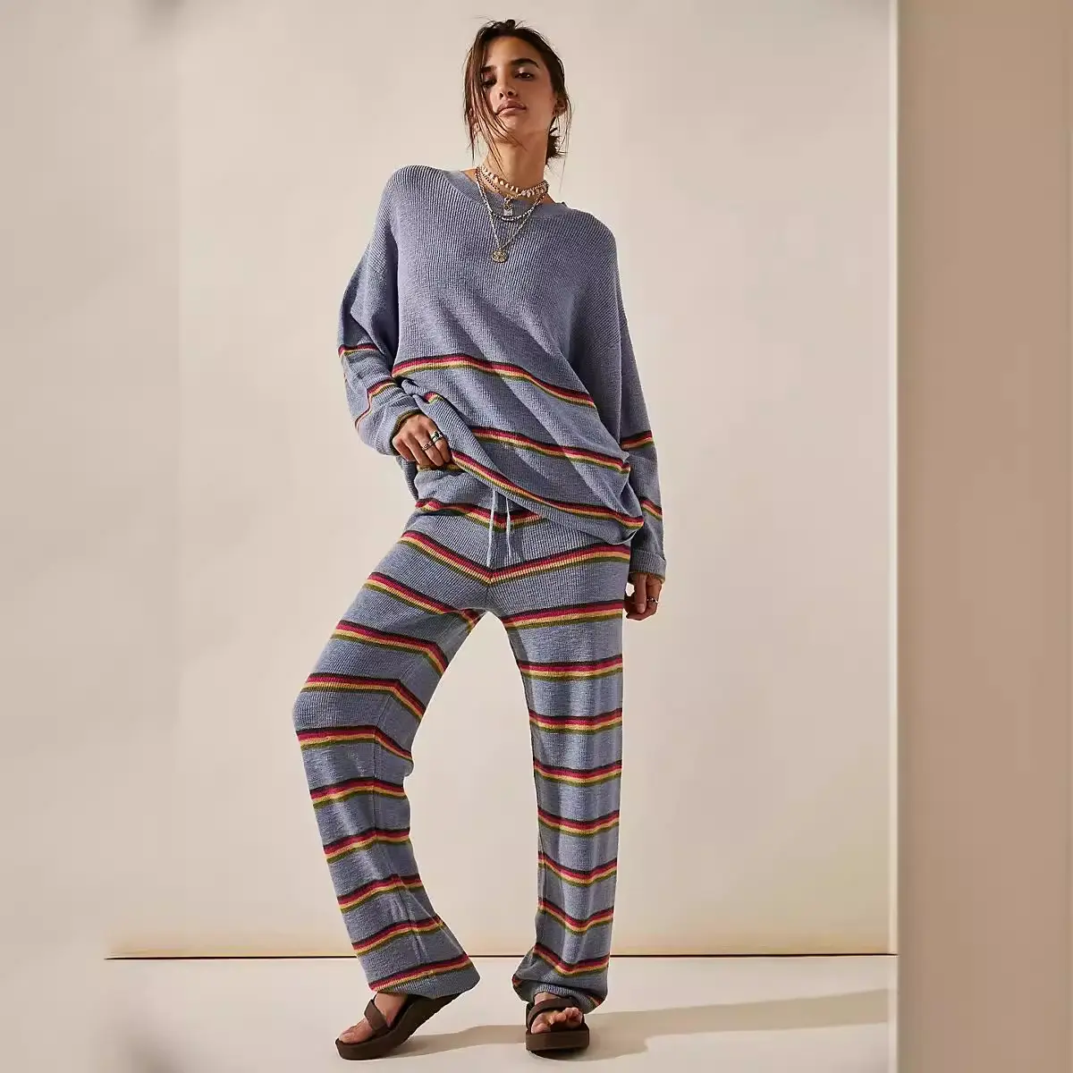 Women's 2 Piece Outfits Sweater Sets Striped Oversized Sweaters Knit Wide Leg Pant Lounge Set 2025 Fall Outfits