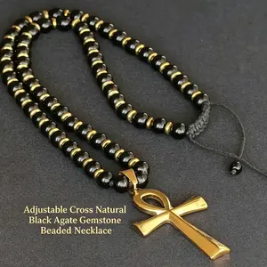 Stone Beaded Crystal Necklace for Men, Agate Beaded Necklace Natural Stone Pendant Necklace Gold Cross Necklace,Mens Jewlery - Womens Fashion - Gemstones for Protection and Healing Beaded Neckless Costume Jewelrysummerwins