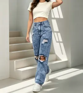 Women's Ripped Baggy Wide Leg-Flare Jeans, Fashion Fit Preppy Casual Bottoms for Teens