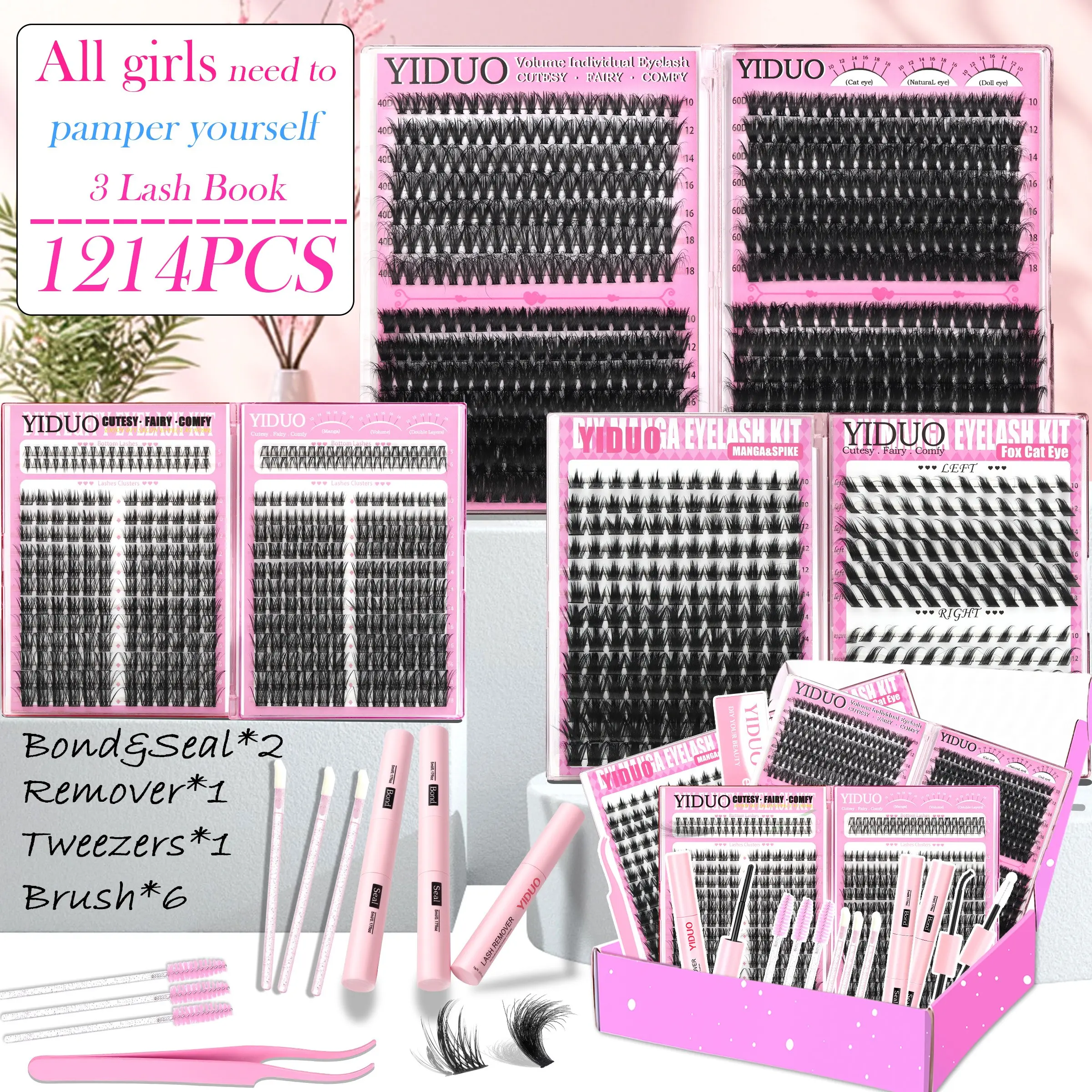 11-Style Eyelash Cluster Kit: 40D/60D/80D/100D, Manga Spiky, Cat-Eye, and Bottom Lash Cluster Kit; 5-18mm Cluster Eyelash Extension Kit(1214 Pcs), D-Curl; With Lash Bond and Seal*2, Lash Remover，Lash Tweezers,Eyelash Brush DIY Lash Clusters at home.
