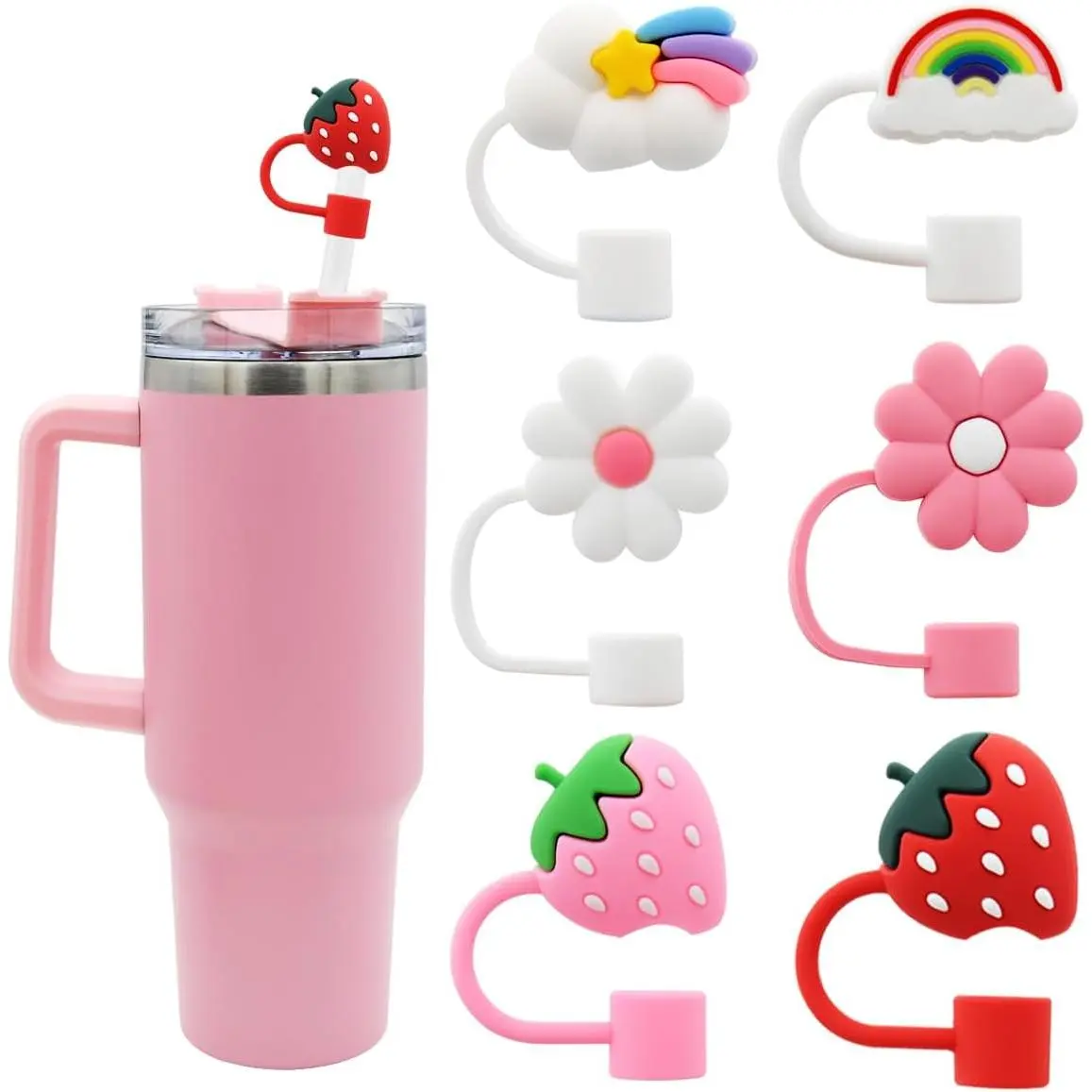 Flower Straw Cover Cap for  Cup  Straw Topper Compatible with 30 and 40 Oz Tumbler with Handle,Straw Tip Covers 10 mm 0.4 in for Straw Tip Covers (6pcs Rainbow Flower Strawberry)