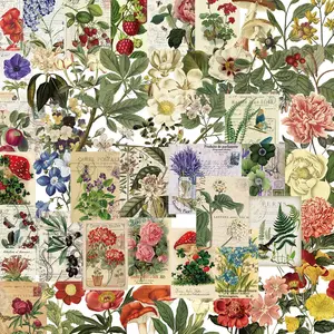 Vintage Flower Pattern Sticker, 50pcs/set Waterproof Self Adhesive Decor Paper, Decor Sticker for Gift Greeting Card Water Bottle Laptop Phone, Decorative Stickers