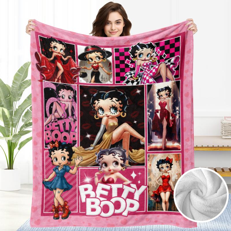 BETTY BOOP Cartoon Flannel Blankets Soft Warm Cozy for Couch Bed Travel Office Versatile All Season Gift Women's Comfort Accessory Blanket Gift Made in USA