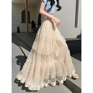 Summer High-Waist Elegant Pleated Layered Long Mesh Skirt for Women with Elastic Waist, Lace Patchwork, Lining, and Flowy A-Line Hem