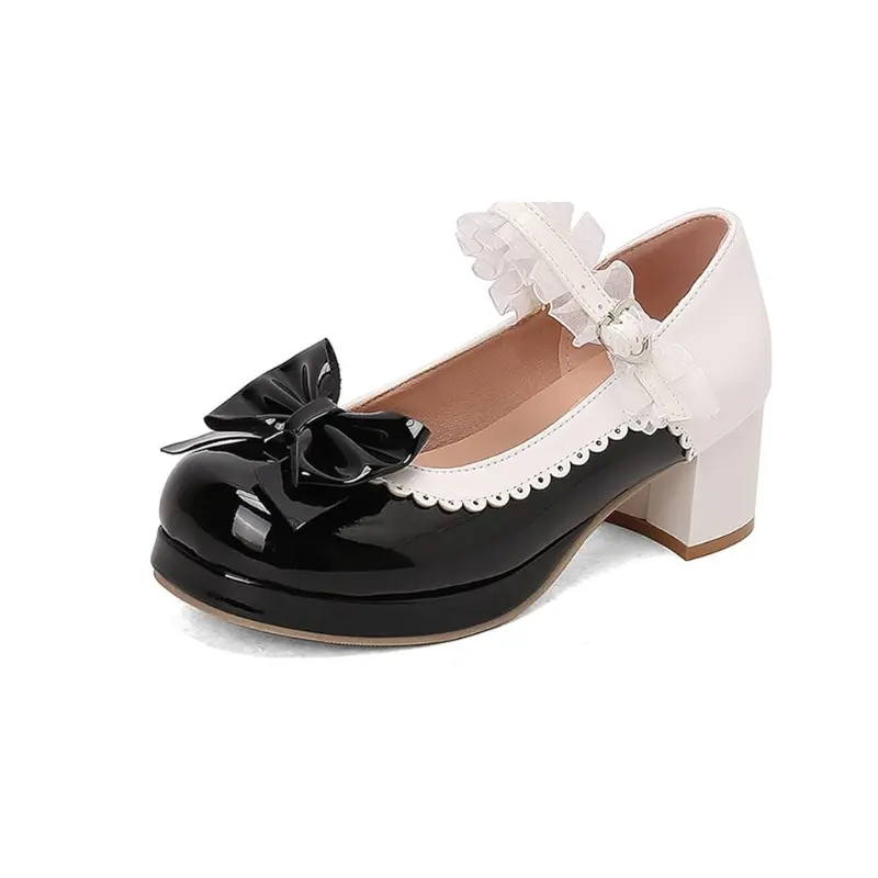 Women Lolita Mary Jane Shoes Sweet Bow Decor Round Toe Platform Pumps Frilly Lace Strap Chunky Mid Heel Cosplay Shoes