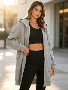 Women's Heavyweight Longline Full Zip Up Hooded Sweatshirt for All Body Types, Oversized Baggy Fit Mid-Length Casual Hoodie Jacket with Deep Front Kangaroo Pockets, Anti-Pilling Soft Knit Cozy Outerwear for College Students, Early Morning Class