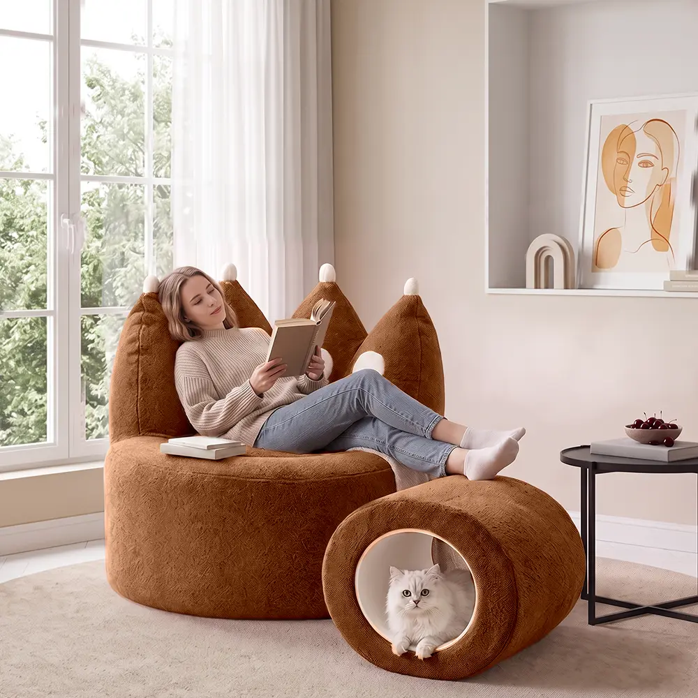 Crown Fluffy Lounge Chair Bed with Cat Tunnel, Human & Cat Dual-Use Sml Couch, Anti-Scratch Lamb Fleece Mini Couch Bedroom & Apartment Furniture, Cozy Seat Sleeper Floor Seats with Private Pet Hideout, Cute Boneless Sectional Couch
