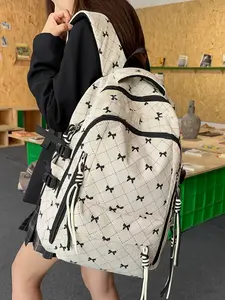 2026 New Cute Bow Backpack, Campus Style Sweet Simple Large Capacity Durable Student Bookbag, All Seasons Casual Flax Corduroy, Casual Printed Backpack