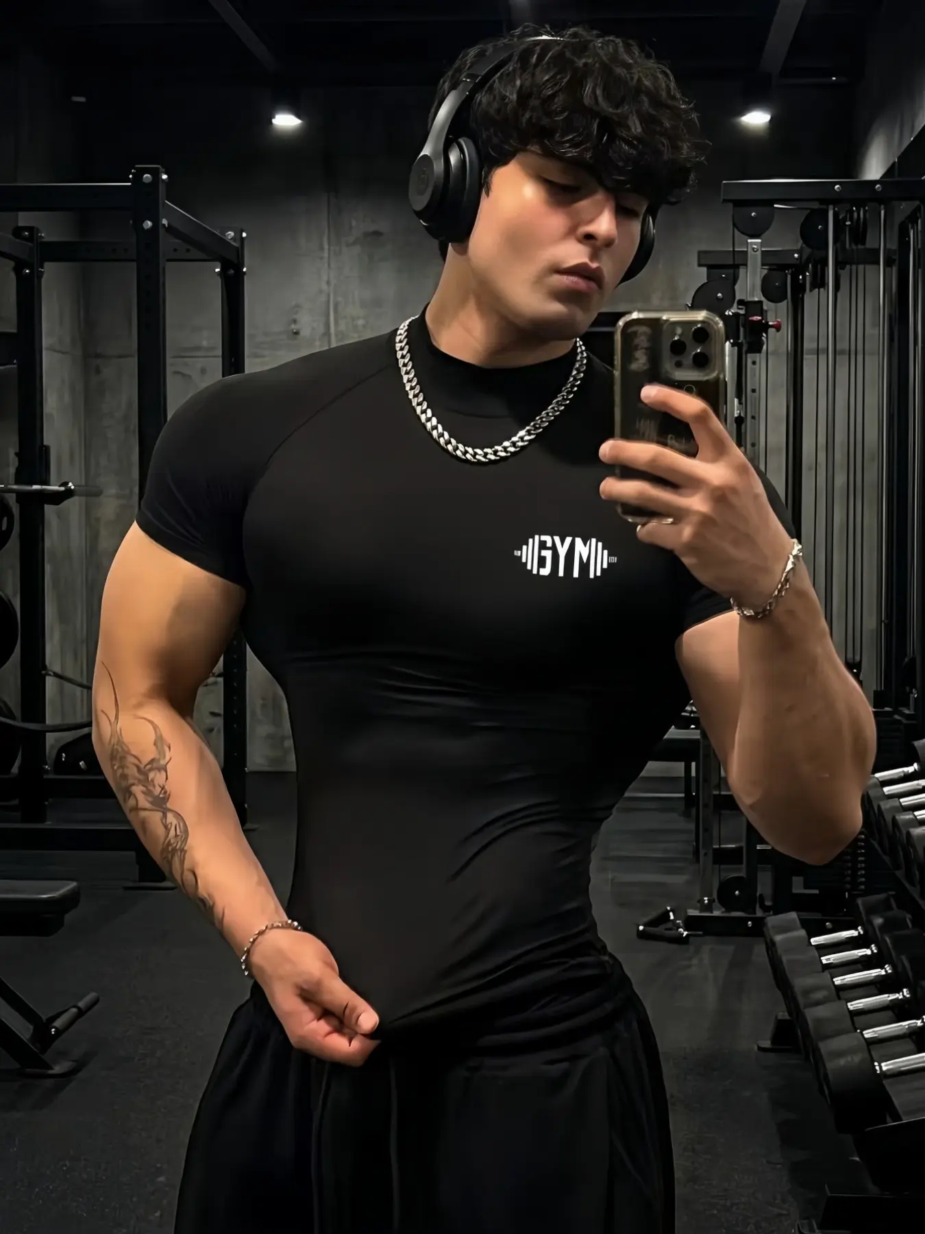 Men's Small High Neck Tight-Fit Gym T-Shirt, Gym Athletic Clothes, Workout Apparel, Athletic Tops, GYM Print, Black Color, High Stretch Polyester Blend, Perfect for Strength Training, High-Intensity Workouts, Street Style & Casual Wear