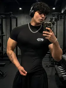 Men's Small High Neck Tight-Fit Gym T-Shirt, Gym Athletic Clothes, GYM Print, Black Color, High Stretch Polyester Blend, Perfect for Strength Training, High-Intensity Workouts, Street Style & Casual Wear