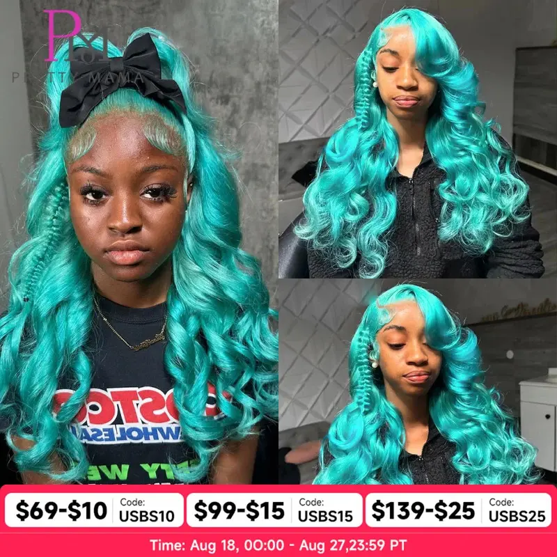 13x6 Cyan Blue Lace Front Wig Body Wave Light Green Lace  display picture 2