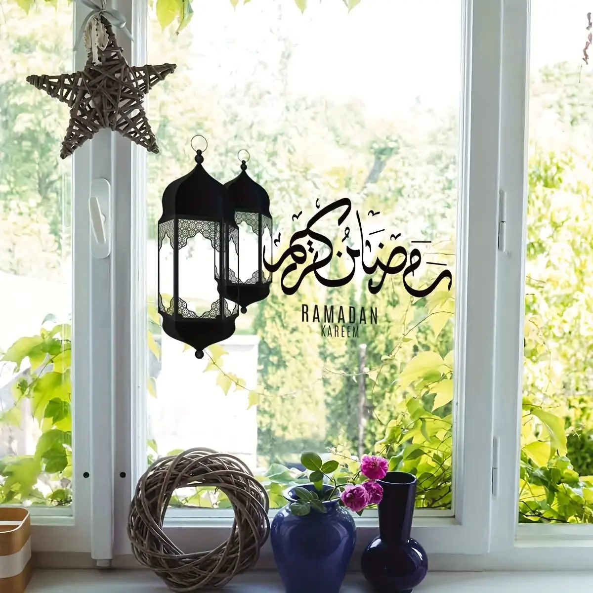 Arabic Calligraphy Lantern Self-Adhesive Festival Window Wall Sticker, Ramadan Decoration, Easy to Apply, Perfect for Home Decor