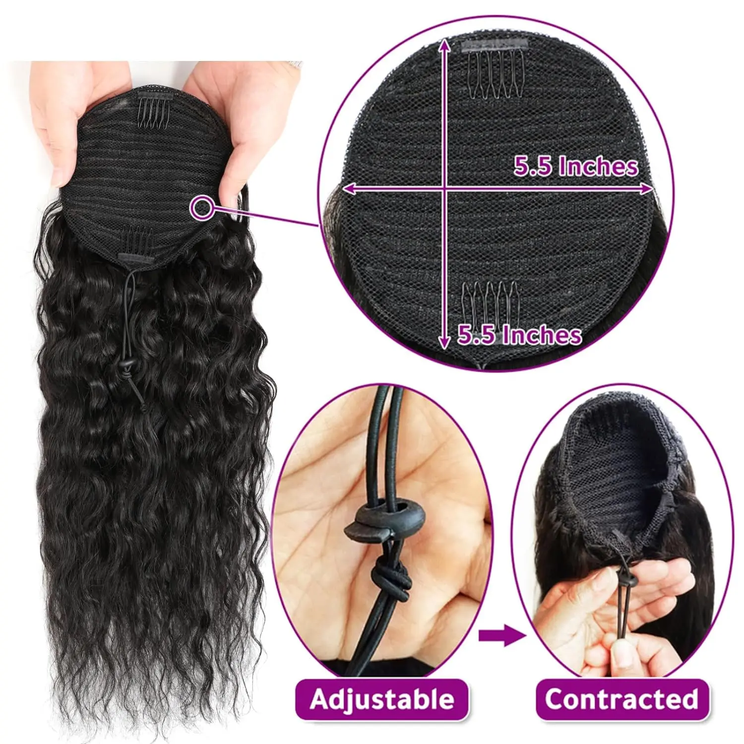 Water Wave Human Hair Ponytail 16 Inch Black Curly Extensions for Women Amazon.com : Human Hair Ponytail Extension Water Wave Magic  main image 3