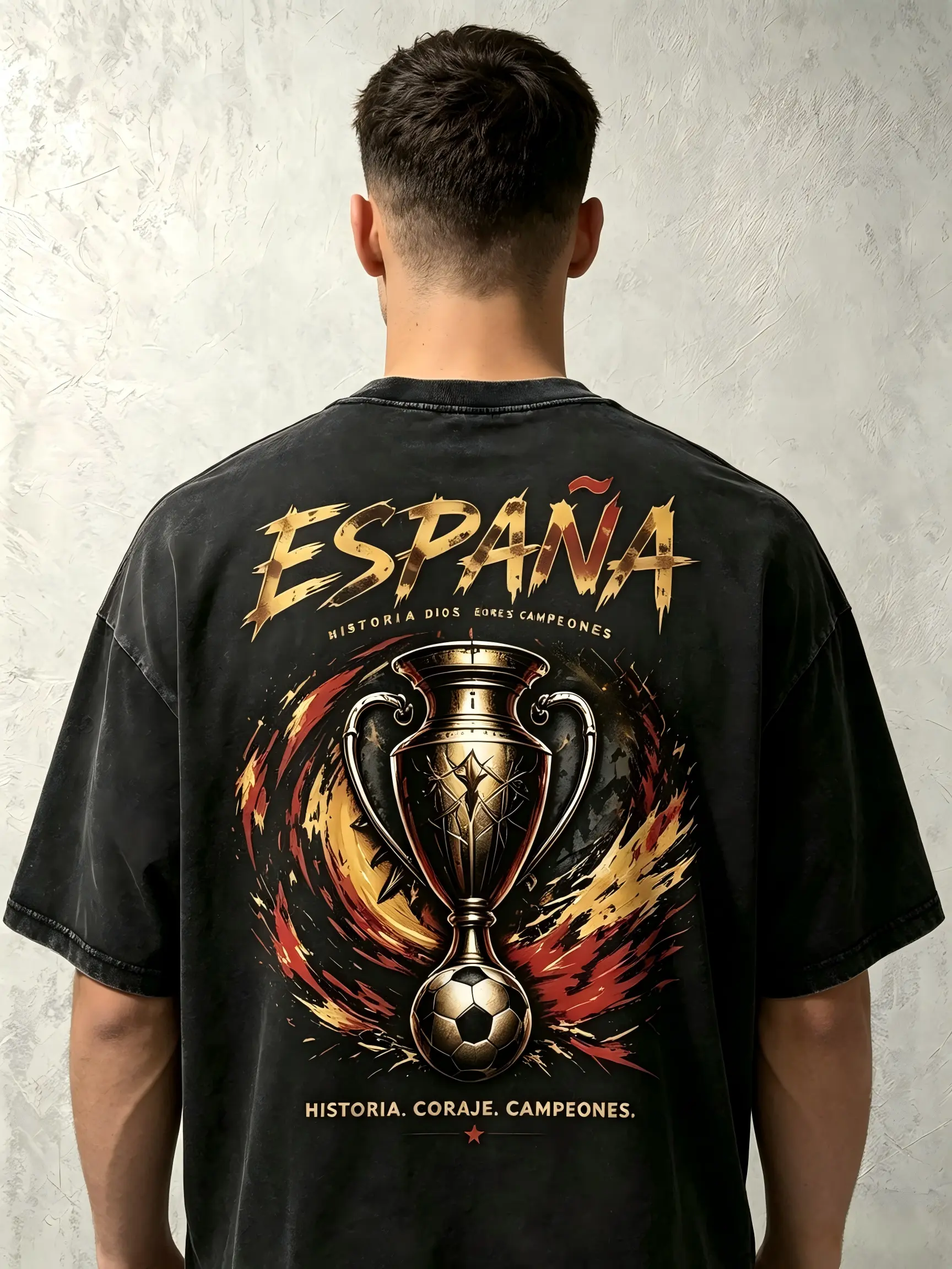 Mens Spain Trophy Soccer Graphic shirts  | 180g Tailored Fit & 230g Thick Heavy Premium Cotton Casual Tshirts | Vintage Minimalist Outfits Oversized Street Streetwear Clothing Men