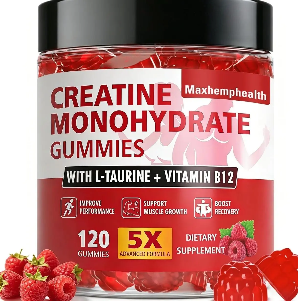 Creatine Gummies for Men & Women, Creatine Monohydrate Gummies 5g, Build Muscle, Strength, Recovery, Cognitive Health & Memory, Pre Workout Supplement, 120 Count Raspberry Chewable Gummy