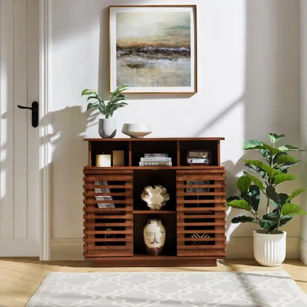 36.1" Farmhouse Lattice Sideboard Buffet Cabinet - Wood, Farmhouse Coastal, Base Material, Concealed Storage, 3-Section Cabinets with Sliding Doors, Adjustable Shelf, Cord Management Holes, Multi-Use TV Media Console for Kitchen, Living Room, Wood Cabinet
