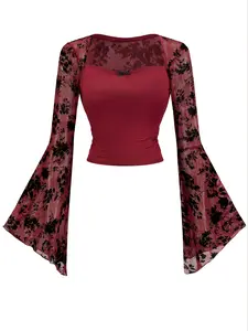 Elegant Lace Bell Sleeve Bowknot Bodycon Top, Womenswear, Polyester Blend, Long Sleeves, Solid Color, Knit Fabric, All Seasons Wear