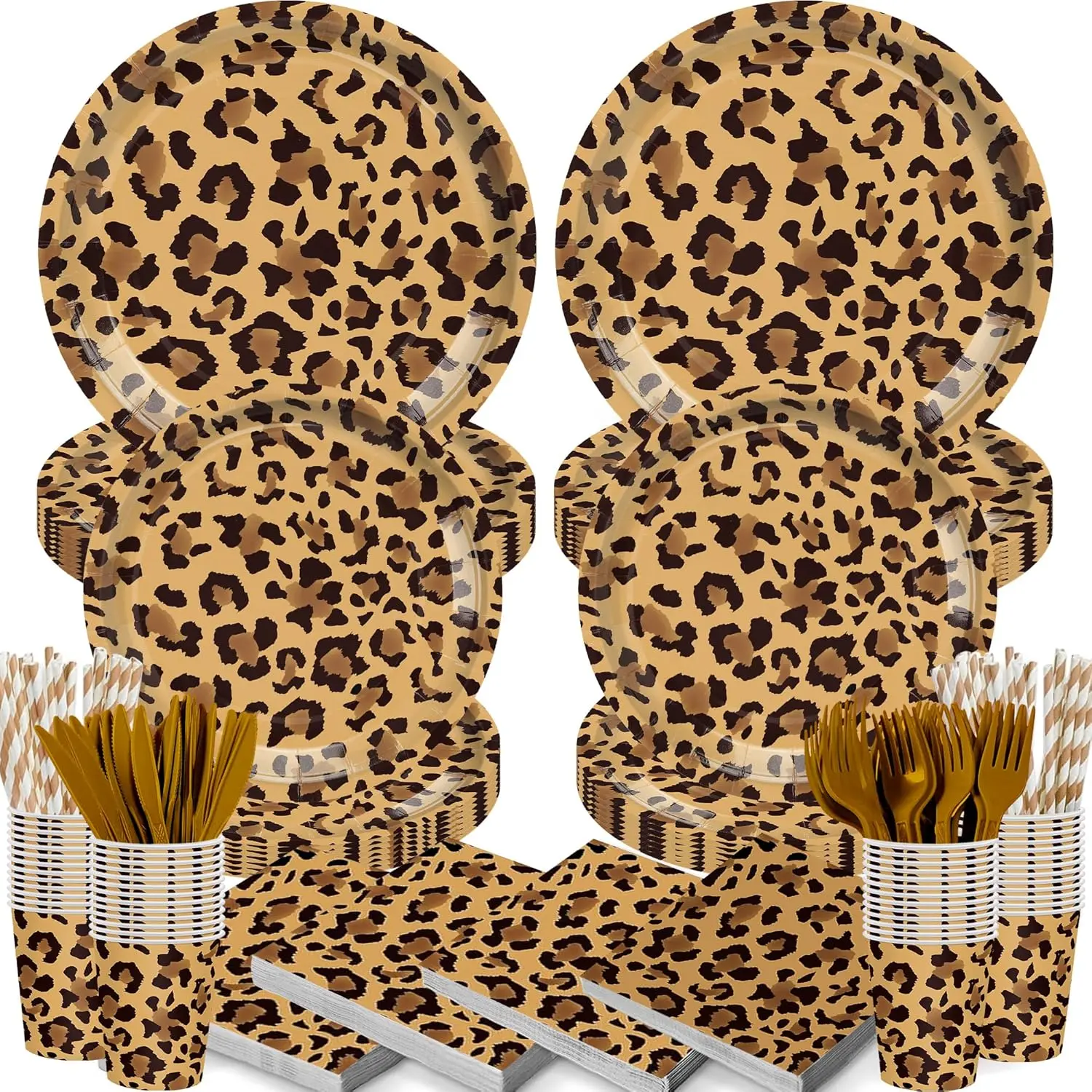 168PCS Colorful Cheetah Print Disposable Tableware Supplies - Paper Plates, Multi-Size Napkins, Heat-Resistant Cups, Forks, Festival Party Supplies for Jungle Theme Children's Happy Birthday, Serves 24 Guests