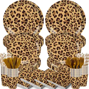 168PCS Leopard Print Party Suppplies Animal Cheetah Print Plates Napkins Cups Tableware Set Jungle Animal Leopard Theme Birthday Party Decorations Serve 24 Guests